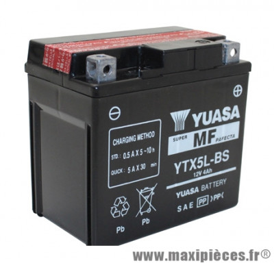 Batterie 12v 4 ah ytx5l-bs yuasa sans entretien livree avec pack acide (lg114xl71xh106) pièce pour Scooter, Mécaboite, Maxi Scooter, Moto, Quad
