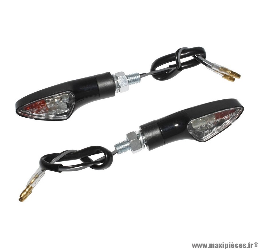 Paire de clignotants universel triangle transparent / noir base courte à lampe homologué CE