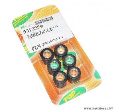 Galets x6 Top Perf de scooter 19x15,5 5,3g pour Piaggio 50 zip 2 temps et 4 temps 2000>, Typhoon 1999>, liberty 2 et 4 temps, nrg, vespa lx 2 et 4 temps / gilera 50 stalker, runner, dna, ice * Prix spécial !