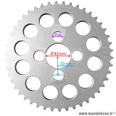 couronne fer 38 dents 415 Ø42 mm pour moto conti RX 356 V1/V2/V3/V4 en 50/70/80cc et autres - 4 trous * Déstockage !