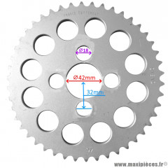 couronne fer 38 dents 415 Ø42 mm pour moto conti RX 356 V1/V2/V3/V4 en 50/70/80cc et autres - 4 trous * Déstockage !
