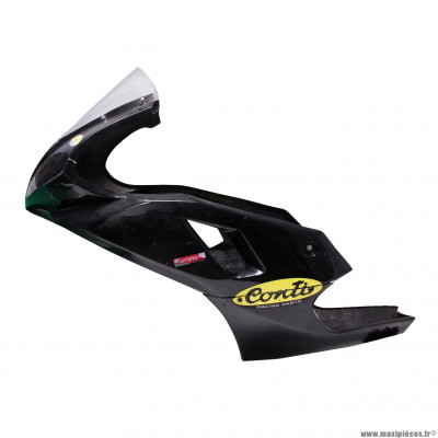 Carénage face avant + flanc en fibre d'occasion, peinture noire, avec fissures et rayures à réparer, pour moto de piste Conti RX 356 V3/V4. * Déstockage !