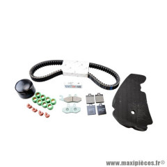 Kit entretien bougie NGK, filtre à air Artein, courroie Bando, galets Malossi, plaquettes avant et arrière Newfren, filtre huile Hiflofiltro pour maxi scooter 400cc Piaggio MP3 après 2007
