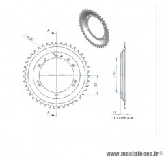 Couronne 44 dents (diamètre 94) 10 trous pour cyclomoteur mbk 40, 50