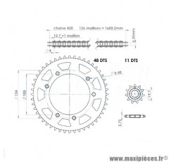 Kit chaine 420 11x48 (démultiplication origine) diamètre 105 / fixations 3x2 pour moto mbk x-limit après 2004