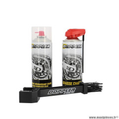 Pack entretien chaîne Doppler - nettoyant, graisse chaîne aérosol 400 ml, brosse